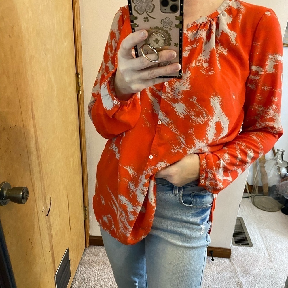 Anthropologie Orange and Cream Abstract Button-Front Blouse